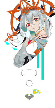 Rule 34 | 1girl, 1other, abstract, absurdres, aqua shawl, arknights, arknights: endfield, bare shoulders, blindfold mask, breasts, circle, commentary, dalachi (headdress), doctor (arknights), dress, english commentary, front ponytail, grey hair, grey hat, hair between eyes, hat, headdress, highres, hood, hood up, hooded coat, hooded jacket, jacket, long hair, mask, mizuumi nama, off-shoulder dress, off shoulder, official alternate costume, red eyes, rounded corners, shapes, shawl, simple background, skadi (arknights), skadi the corrupting heart (arknights), skadi the corrupting heart (sublimation) (arknights), two-tone dress, upper body, very long hair, white background, white dress, zzz