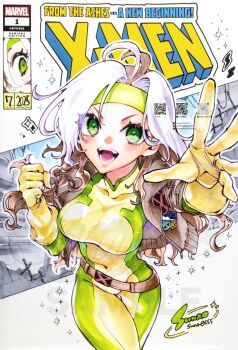 1girl 2025 :d ahoge animification belt bodysuit brown_belt brown_hair brown_jacket clenched_hand commentary copyright_logo covered_navel cowboy_shot dated english_text gloves green_bodysuit green_eyes green_headband hashtag-only_commentary headband highres jacket logo long_hair looking_at_viewer marvel multicolored_bodysuit multicolored_hair open_mouth parted_bangs qr_code reaching reaching_towards_viewer rogue_(x-men) sample_watermark smile solo sparkle sunao_saito symbol-only_commentary two-tone_bodysuit two-tone_hair watermark white_hair x-men yellow_bodysuit yellow_gloves