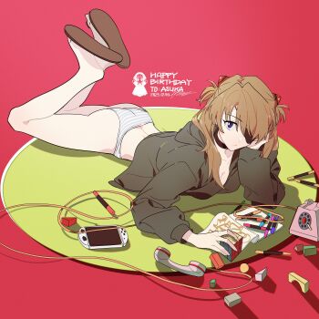 1girl :/ absurdres arm_support artist_request ass back breasts brown_hair evangelion:_3.0+1.0_thrice_upon_a_time eyepatch from_behind full_body game_console hairpods happy_birthday highres looking_at_viewer lying neon_genesis_evangelion on_stomach panties rebuild_of_evangelion red_background sandals simple_background solo souryuu_asuka_langley striped_clothes striped_panties tsundere two_side_up underwear white_background wide_hips
