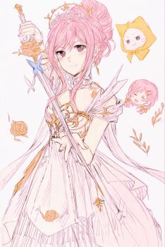 Rule 34 | 2girls, :3, ^ ^, ahoge, alternate hair color, anicehao, armor, bare arms, bare shoulders, blue butterfly, bobo (miracle nikki), bow, braid, breastplate, brown eyes, bug, butterfly, chinese commentary, cloak, closed eyes, closed mouth, clothing cutout, collar, commentary request, commission, detached collar, dot nose, dress, ear covers, earrings, fern, flower, gold earrings, hair bow, hair bun, hair ornament, hairclip, happy, head only, highres, holding, holding sword, holding weapon, hood, hood up, hooded cloak, infinity nikki, insect, jewelry, lace collar, medium dress, melody bloom (infinity nikki), miracle nikki, momo (nikki), multiple girls, nikki (nikki), nikki (series), open mouth, parallel hairclips, petals, pink hair, pleated dress, rapier, rose, rose petals, short hair with long locks, short sleeves, shoulder cutout, sidelocks, single hair bun, smile, sword, tiara, traditional media, twin braids, wavy hair, weapon, whiskers, white background, white butterfly, white collar, white dress, yellow bow, yellow cloak, yellow flower, yellow rose