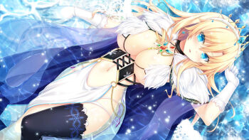 1girl black_thighhighs blonde_hair blue_cape blue_eyes blush breasts cape collar collarbone cross-laced_clothes crown dutch_angle earrings eyes_visible_through_hair gloves gold_trim hair_between_eyes hand_up iris_december_uncry jewelry large_breasts long_hair looking_at_viewer lying lying_on_water navel nora_to_oujo_to_noraneko_heart o-ring official_art on_back oozora_itsuki open_mouth princess single_thighhigh solo stomach thighhighs white_gloves
