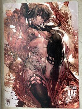 Rule 34 | 1girl, anya (spy x family), arm up, armpits, bikini, black bikini, black boots, black hair, boots, breasts, character tattoo, covered erect nipples, cowboy shot, double-parted bangs, hair between eyes, high heel boots, high heels, highleg, highleg bikini, highres, holding, holding weapon, knee up, leg tattoo, long hair, looking at viewer, medium breasts, micro bikini, parkjinsuky, parted lips, photo (medium), red eyes, solo, spy x family, swimsuit, tattoo, traditional media, twilight (spy x family), weapon, yor briar