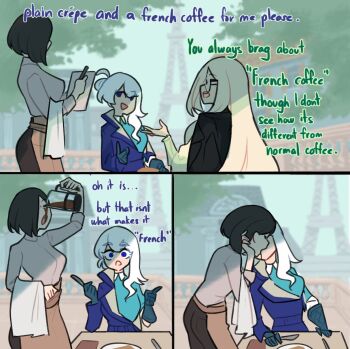 3girls apron black_hair black_jacket black_skirt blonde_hair blue_eyes blue_gloves blue_jacket centurii-chan character_request closed_eyes coffee commentary day drinking eiffel_tower english_commentary english_text fork glasses gloves highres jacket jacket_on_shoulders kiss knife long_hair multiple_girls open_mouth original outdoors plate rapier-chan_(centurii-chan) shared_drink shirt short_hair skirt very_long_hair waist_apron waitress white_hair white_shirt yuri