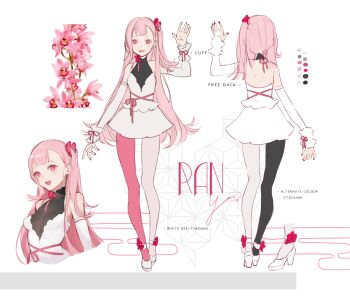 Rule 34 | 1girl, :d, black leggings, breasts, detached sleeves, dress, english text, flower, frilled cuffs, grin, hair ribbon, halterneck, high heels, highres, leggings, lily (flower), long hair, looking at viewer, multicolored nails, multiple views, open mouth, original, pink eyes, pink flower, pink hair, pink leggings, reference sheet, ribbon, side ponytail, sleeveless, sleeveless dress, smile, two-tone leggings, very long hair, waving, white background, yoimon