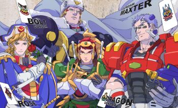 Rule 34 | 4boys, 8823, american football helmet, arm guards, armor, bicorne, black gloves, blonde hair, blue cape, bolt gundam, cape, character name, closed mouth, crossed arms, dragon gundam, epaulettes, facepaint, flower, fur hat, g gundam, gloves, green eyes, gundam, gundam maxter, gundam rose, hand on own hip, hat, height difference, helmet, highres, holding, holding flower, holding unworn helmet, humanization, looking at viewer, male focus, medium hair, multiple boys, power armor, purple hair, red hair, rose, short hair, smile, unworn helmet, ushanka, v-shaped eyebrows, white gloves