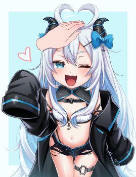 1girl 1other akugaki_koa antenna_hair arm_at_side bikini black_bikini black_coat black_shorts black_shrug blue_background blue_eyes blue_hair blue_shrug blush child chromashift coat coat_partially_removed colored_inner_hair demon_girl demon_horns disembodied_hand dot_nose eyelashes fang feet_out_of_frame flat_chest from_above grey_hair hand_on_another&#039;s_head hand_up happy horns lairu0528 looking_at_viewer looking_up multicolored_bikini multicolored_hair multicolored_shrug navel one_eye_closed open_mouth shorts shrug_(clothing) simple_background skin_fang sleeveless sleeveless_shrug sleeves_past_fingers sleeves_past_wrists smile solo_focus standing swimsuit thigh_strap two-tone_background two-tone_bikini two-tone_hair two-tone_shrug white_background white_bikini