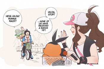 1boy 2girls :d :o ^_^ ahoge arm_up baseball_cap bianca_(pokemon) bicycle bicycle_basket black_pants black_vest blonde_hair blue_jacket blue_shoes brown_hair cheren_(pokemon) closed_eyes commentary cottonee english_commentary english_text faceless faceless_male fence gen_5_pokemon glasses green_hat hat hilda_(pokemon) holding jacket miiyokoe multiple_girls nintendo open_clothes open_mouth open_vest orange_vest pants pokemon pokemon_(creature) pokemon_bw shirt shoes short_hair sidelocks sleeveless sleeveless_shirt smile speech_bubble tepig vest white_hat white_shirt