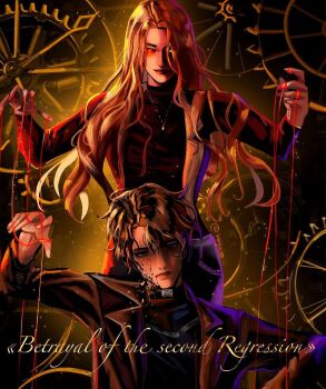 Rule 34 | 1boy, 1girl, anna croft, belt collar, black coat, black shirt, blank stare, blonde hair, coat, collar, cracked skin, gears, glowing, glowing eye, grin, hair over shoulder, half-closed eyes, hands up, hashtag-only commentary, head tilt, heterochromia, highres, jewelry, long hair, looking at viewer, necklace, omniscient reader's viewpoint, open clothes, open coat, popped collar, puppet strings, red eyes, shirt, smile, wei inn, yellow eyes, yoo joonghyuk