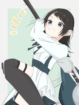 Rule 34 | 1girl, bang dream!, bang dream! it's mygo!!!!!, black hair, black thighhighs, blue eyes, border, commentary request, highres, holding, holding weapon, medium hair, melty lubll, outside border, purple eyes, solo, thighhighs, weapon, white background, white border, yahata umiri