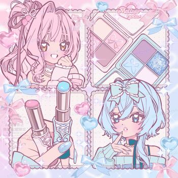 2girls blue_bow blue_eyes blue_hair blue_nails blue_sweater border bow commentary cosmetics hair_bow heart highres holding holding_lipstick_tube lace lace_border lipstick_tube long_hair makeup_palette medium_hair mellownote multiple_girls original ornate_border pastel_colors pink_hair ponytail sweater symbol-only_commentary watermark wavy_hair yellow_eyes