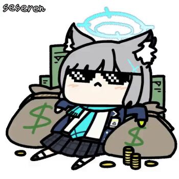 1girl animal_ears animated animated_gif blue_archive deal_with_it_(meme) ear_wiggle halo lowres meme money money_bag seseren shiroko_(blue_archive) short_hair sunglasses twitching
