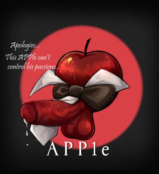 1other apple apple_(reverse:1999) black_bow bow detached_collar english_text erection food food_focus fruit highres inanimate_animate no_humans non-web_source penis precum reverse:1999 testicles