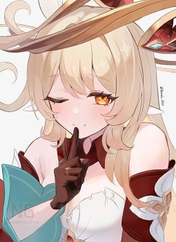 1girl alice_(genshin_impact) aqua_sleeves armpit_crease bare_shoulders blonde_hair blush breasts brown_gloves cleavage closed_mouth collar commentary_request cowlick cross-shaped_pupils detached_collar detached_sleeves dress eyelashes gem genshin_impact gloves gold_halo hair_between_eyes hand_up hatsuka_020 heart_ring highres index_finger_raised jewelry layered_sleeves long_hair looking_at_viewer medium_breasts one_eye_closed orange_eyes pointy_ears portrait red_collar red_gemstone red_sleeves ring smile solo split_mouth strapless strapless_dress symbol-shaped_pupils twitter_username wedding_ring white_background white_dress white_gemstone white_trim yellow_pupils