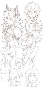 Rule 34 | 1girl, alternate costume, amane suzuha, amane suzuha (beta), animal ears, blush, braid, breasts, commentary request, enmaided, fake animal ears, hair down, hair rings, highres, jacket, load bearing equipment, long hair, maid, maid headdress, mayqueen maid uniform, menomorute, monochrome, multiple costumes, multiple views, paw pose, science adventure, soldier, steins;gate, swimsuit, track jacket, twin braids