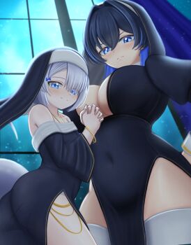 1boy 1girl alternate_costume bare_shoulders basher black_hair blue_eyes blue_hair blush boros_(ouro_kronii) bracelet breasts commentary covered_navel crossdressing crossdressing_(mtf) curtains english_commentary frown grey_hair hair_between_eyes hand_on_own_hip highres hololive hololive_english hood indoors jewelry juliet_sleeves large_breasts long_sleeves looking_at_viewer multicolored_hair necklace night nun off_shoulder ouro_kronii own_hands_clasped own_hands_together personification puffy_sleeves smile snake_tail tail thighhighs trap two-tone_hair virtual_youtuber white_thighhighs window