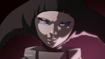 Rule 34 | 1girl, bad id, bad twitter id, black hat, blurry, boruto: two blue vortex, chromatic aberration, comic panel redraw, derivative work, hat, highres, looking to the side, matsuri (boruto), naruto (series), parted lips, portrait, purple eyes, ringed eyes, rinnegan, solo, twitter username, yokigeru