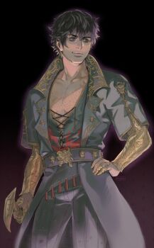 1boy baldur&#039;s_gate baldur&#039;s_gate_3 belt black_coat black_eyes black_hair black_pants chest_hair claw_ring coat cowboy_shot dungeons_&amp;_dragons dungeons_&amp;_dragons enver_gortash gradient_background hand_on_own_hip highres looking_to_the_side male_focus pants scar scar_on_face scar_on_nose short_hair smile solo standing tirtyturtle two-tone_background