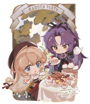 2girls agnes_claudel apple_pie beret black_bow blonde_hair blue_eyes bolo_tie bow bowtie braid bun_with_braided_base cake cake_slice chibi coat commentary commission cup cupcake curtained_hair double-parted_bangs eiyuu_densetsu english_commentary english_text food hair_between_eyes hair_bow hair_bun hair_ribbon hat highres holding holding_cup holding_plate holding_saucer holding_teapot kuro_no_kiseki kuro_no_kiseki_(series) kuro_no_kiseki_ii long_hair low-tied_long_hair multiple_girls parted_bangs pie plate purple_hair red_hat renne_(eiyuu_densetsu) ribbon saucer second-party_source single_side_bun sitting skirt smile strawberry_shortcake table tea_party teapot traditional_bowtie xin24613 yellow_eyes