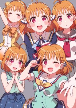 1girl absurdres ahoge aozora_jumping_heart birthday blush braid closed_eyes clover_hair_ornament collarbone commentary cream_(nipakupa) earrings grey_background hair_ornament highres jewelry looking_at_viewer love_live! love_live!_sunshine!! multiple_views one_eye_closed orange_hair red_eyes school_uniform short_hair short_sleeves side_braid sleeveless takami_chika upper_body uranohoshi_school_uniform