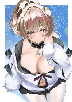 1girl belt_collar black_choker black_nails black_shirt black_skirt blush bread_clip bready_(frosty_bite)_(nikke) bready_(nikke) breasts brown_eyes brown_hair choker cleavage collar finger_to_mouth from_above goddess_of_victory:_nikke hair_ornament heart heart-shaped_pupils hiromusan large_breasts licking_lips lips long_hair midriff_peek navel off-shoulder_sweater off_shoulder outdoors pantyhose partially_unbuttoned pendant_choker plump ponytail ribbed_sweater shirt skirt sky sleeves_past_wrists smile solo standing sweater symbol-shaped_pupils thick_thighs thighs tongue tongue_out white_pantyhose white_sweater