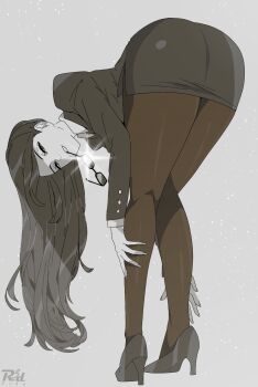 1girl artist_logo artist_name ass bent_over black-framed_eyewear black_eyes black_hair black_jacket black_shoes black_skirt brown_pantyhose commentary eyewear_in_mouth from_behind full_body grey_background grin hands_on_own_legs high_heels highres jacket logo long_hair looking_at_viewer looking_back miniskirt mouth_hold office_lady original pantyhose parted_lips pencil_skirt r3dfive rectangular_eyewear shoes simple_background skirt smile solo