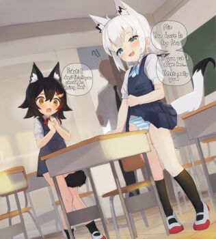 2girls aged_down ahoge animal_ear_fluff animal_ears black_hair black_socks blue_bow blush bow bowtie braid classroom clothes_lift commission crotch_rub desk dress english_text fox_ears fox_girl fox_tail hololive indoors loli long_hair masturbation multicolored_hair multiple_girls ookami_mio open_mouth panties pinafore_dress recklessdraw red_hair school_desk shirakami_fubuki shirt shoes short_sleeves skirt sleeveless sleeveless_dress socks speech_bubble streaked_hair striped_clothes striped_panties table_humping tail underwear virtual_youtuber white_hair white_shirt wolf_ears wolf_girl