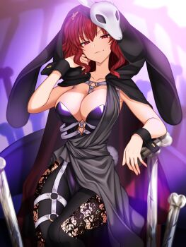 1girl absurdres alternate_costume animal_hood black_pantyhose blurry blurry_background bone breasts cleavage closed_mouth commission commissioner_upload fishnet_pantyhose fishnets half-closed_eyes hand_in_own_hair highres hood lace large_breasts leotard looking_at_viewer mask medium_hair mitama_mudimudi non-web_source onozuka_komachi onozuka_komachi_(bunny_reaper) pantyhose patterned_legwear playboy_bunny purple_background purple_leotard rabbit_hood rabbit_mask red_eyes red_hair skeb_commission smug solo touhou touhou_lostword v-shaped_eyebrows variant_set