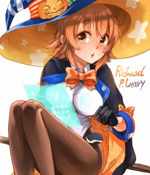 1girl black_cape black_gloves black_pantyhose blue_hat bow breasts broom broom_riding brown_eyes brown_hair cape character_name gloves halloween_costume hat highleg highleg_leotard highres holographic_interface kantai_collection leotard looking_at_viewer medium_breasts oeoeuhoho orange_bow orange_cape pantyhose richard_p._leary_(halloween)_(kancolle) richard_p._leary_(kancolle) richard_p._leary_kai_(kancolle) short_hair sleeved_leotard two-sided_cape two-sided_fabric white_leotard witch_hat