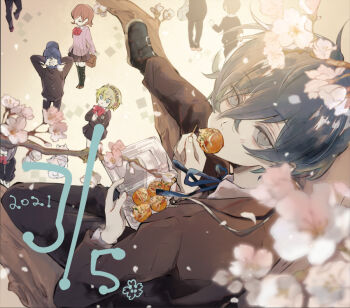 2boys 2girls aigis_(persona) black_jacket black_pants black_shoes blue_eyes blue_hair blue_ribbon blurry blurry_foreground cherry_blossoms commentary_request crossed_bangs dated food food_in_mouth from_above full_body hair_between_eyes in_tree iori_junpei jacket looking_at_viewer looking_up male_focus multiple_boys multiple_girls pants people persona persona_3 ribbon shoes short_hair sitting sitting_in_tree sumino_suito takeba_yukari takoyaki tree turning_head yuuki_makoto_(persona_3)