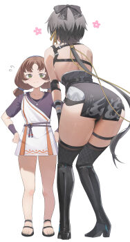 2girls absurdres ass back bare_shoulders black_dress black_hair black_shorts boots bow brown_hair commentary_request dress female_rover_(wuthering_waves) from_behind greco-roman_clothes green_eyes hair_bow hand_on_own_hip high_heels highres jiuzaiqianjitian leaning_forward long_hair low-tied_long_hair low_ponytail low_twintails micro_shorts multiple_girls pelvic_curtain ponytail ribbon rover_(wuthering_waves) shorts simple_background slippers thigh_strap thighhighs thighhighs_under_boots thighs twintails white_background wuthering_waves yellow_ribbon