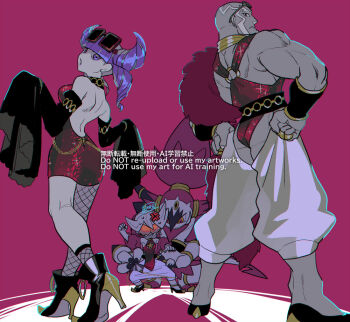 1girl 2boys alternate_costume anger_vein arched_bangs black_shoes black_sleeves closed_mouth detached_sleeves dress eyewear_on_head fishnet_pantyhose fishnet_socks fishnets frown gen_6_pokemon haraya high_heels hoopa hoopa_(unbound) jewelry kneepits lear_(pokemon) legendary_pokemon looking_back mixed-language_commentary multiple_boys muscular muscular_male mythical_pokemon nintendo pantyhose pokemon pokemon_(creature) pokemon_masters_ex purple_hair rachel_(pokemon) ring sawyer_(pokemon_masters_ex) shoes short_hair shoulder_blades signature single_leg_pantyhose single_sock socks sunglasses watermark