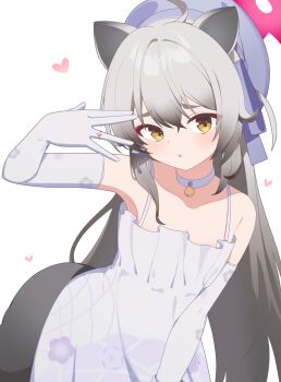1girl absurdres ahoge animal_ears arm_up bare_shoulders bell beret blue_archive brown_eyes choker collarbone commentary_request dress elbow_gloves gloves gradient_hair grey_hair grey_hat hair_between_eyes halo hat heart highres jingle_bell korean_commentary long_hair looking_at_viewer michiru_(blue_archive) michiru_(dress)_(blue_archive) multicolored_hair neck_bell official_alternate_costume parted_lips pink_halo raccoon_ears raccoon_girl raccoon_tail short_eyebrows simple_background sleeveless sleeveless_dress solo sprout_(haji_s) tail thick_eyebrows very_long_hair white_background white_choker white_dress white_gloves