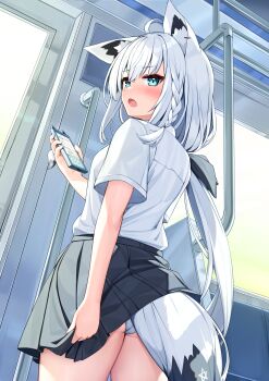 1girl :o absurdres ahoge animal_ear_fluff animal_ears black_ribbon black_skirt blue_eyes blush braid cellphone deaver ear_piercing fang fox_ears fox_girl fox_tail from_behind hair_ribbon highres holding holding_phone hololive long_hair looking_away looking_to_the_side open_mouth panties pantyshot phone phone_with_ears piercing pleated_skirt ribbon shirakami_fubuki shirt short_sleeves skirt smartphone solo tail train_interior underwear very_long_hair virtual_youtuber white_hair white_panties white_shirt
