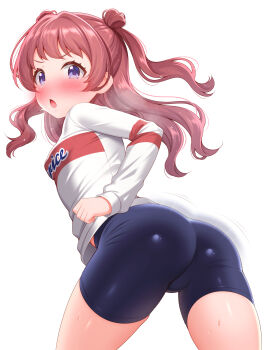 Rule 34 | 1girl, absurdres, ass, bike shorts, black shorts, blush, breasts, brown hair, double bun, gakuen idolmaster, hair bun, hanami saki, highres, idolmaster, long hair, long sleeves, looking at viewer, looking back, open mouth, purple eyes, shirt, shorts, small breasts, solo, thighs, two side up, white shirt, zirba