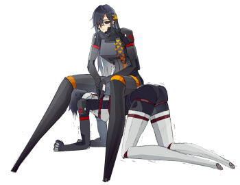 2girls all_fours android blue_eyes commentary expressionless eyeshadow facial_mark falke_(signalis) forehead_mark full_body hair_over_one_eye highres human_chair human_furniture iculovedom long_hair makeup multiple_girls own_hands_together red_eyeshadow red_pupils short_hair signalis simple_background sitting sitting_on_person skin_seams spread_legs storch_(signalis) trembling untranslatable_commentary white_background