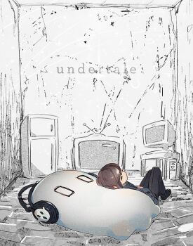 androgynous brown_hair closed_eyes computer copyright_name frisk_(undertale) gender_request ghost headphones lying namie-kun napstablook o_o refrigerator static television undertale utdr_(toby_fox)