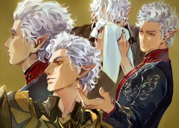 Rule 34 | 1boy, absurdres, astarion, baldur's gate, baldur's gate 3, brown background, cosplay, curly hair, dungeons & dragons, dungeons &amp; dragons, highres, kuzen, long sleeves, male focus, minthara, minthara (cosplay), pointy ears, red eyes, short hair, upper body, white hair