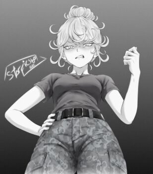 1girl absurdres artist_name belt breasts camouflage camouflage_pants clenched_teeth commentary cowboy_shot english_commentary from_below gradient_background grey_background greyscale hand_on_own_hip highres looking_at_viewer monochrome one-punch_man pants small_breasts solo starficsboy tatsumaki teeth