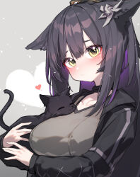 Rule 34 | 1girl, absurdres, animal ears, arknights, beudelb, black hair, black jacket, blush, breasts, cat, cat ears, cat girl, cat tail, embarrassed, green eyes, grey background, grey shirt, hair ornament, heart, highres, holding, jacket, jessica (arknights), large breasts, long hair, long sleeves, looking at viewer, multicolored hair, nose blush, purple hair, shirt, solo, tail