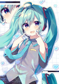 1girl :d ahoge bare_shoulders black_sleeves blue_eyes blue_hair blue_nails blue_necktie blush collared_shirt commentary_request detached_sleeves fingers_to_cheeks fruit_(kudamono_yasai) grey_shirt hair_between_eyes hands_up hatsune_miku heart highres long_hair long_sleeves looking_at_viewer nail_polish necktie number_tattoo open_mouth outline shirt shoulder_tattoo sleeveless sleeveless_shirt smile solo tattoo twintails upper_body vocaloid watermark white_background