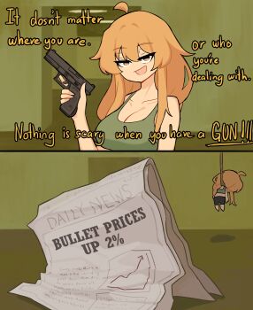 Rule 34 | 1girl, :d, absurdres, ahoge, backrooms (creepypasta), bare shoulders, black shorts, braid, breasts, centurii-chan, cleavage, collarbone, commentary, english commentary, english text, graph, green tank top, gun, hair between eyes, hand up, hanged, highres, holding, holding gun, holding weapon, large breasts, long hair, looking at viewer, newspaper, noose, open mouth, orange eyes, orange hair, original, shorts, sleeveless, smile, suicide, tank top, weapon