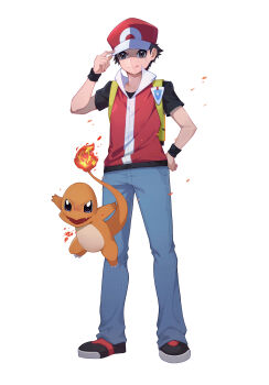 1boy absurdres adjusting_clothes adjusting_headwear backpack bag baseball_cap black_hair black_shirt black_shoes blue_pants brown_eyes charmander commentary denim embers english_commentary fangs fire flame-tipped_tail full_body gen_1_pokemon hand_on_headwear hand_on_own_wrist hat highres jeans jumping linnnp looking_ahead looking_at_viewer male_focus nintendo pants pokemon pokemon_(creature) pokemon_frlg red_(pokemon) red_hat red_vest shaded_face shirt shoes short_hair short_sleeves simple_background smile standing t-shirt tail tsurime very_short_hair vest white_background wristband yellow_bag