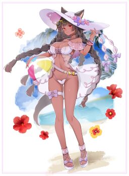 1girl absurdres animal_ears babydoll ball beach beachball bikini bracelet braid breasts brown_hair cat_ears cat_girl cat_tail cleavage commission dark-skinned_female dark_skin eyewear_on_head facial_mark final_fantasy final_fantasy_xiv flower hat highleg highleg_bikini highres jewelry large_breasts legband long_hair miqo&#039;te mokokoiro nail_polish ocean outdoors pink_nails red_eyes sand skeb_commission sun_hat sunglasses swimsuit tail twin_braids very_long_hair warrior_of_light_(ff14) whisker_markings white_bikini