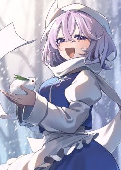 Rule 34 | animal, apron, commentary request, highres, holding, holding animal, lapel pin, letty whiterock, medium hair, open mouth, purple eyes, purple hair, scarf, snow, snowing, sumiyama sui, touhou, triangular headpiece, waist apron, white scarf