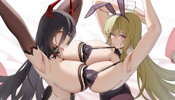 Rule 34 | 2girls, animal ears, armpits, arms up, ass, azur lane, bare shoulders, black dress, black gloves, black hair, breast press, breasts, cleavage, commentary request, dress, elbow gloves, fake animal ears, friedrich der grosse (azur lane), friedrich der grosse (zeremonie of the cradle) (azur lane), gloves, green hair, hair between eyes, highres, horns, huge breasts, lace-trimmed leotard, lace trim, leotard, long hair, long hair between eyes, looking at viewer, mechanical horns, multiple girls, napoli (azur lane), napoli (dreamy night) (azur lane), official alternate costume, playboy bunny, purple eyes, purple leotard, rabbit ears, red horns, sideless dress, symmetrical docking, very long hair, white wrist cuffs, wrist cuffs, wsfw, yellow eyes