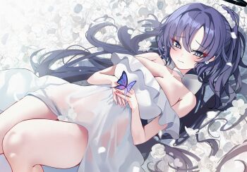 1girl absurdres bare_shoulders blue_archive blue_eyes blush breasts bug butterfly choker cleavage commentary_request dress flower halo highres insect large_breasts looking_at_viewer lying mango_(mango0208) ponytail purple_hair see-through_clothes see-through_dress solo white_dress white_flower yuuka_(blue_archive)