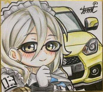 1girl absurdres akane_(blue_archive) blue_archive car glasses gloves halo highres maid_headdress motor_vehicle shikishi smile solo tomimon traditional_media vehicle_request white_gloves yellow_car yellow_halo