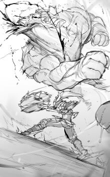 absurdres armor battle blood blood_from_mouth fur greyscale hammer highres horns injury monkey monochrome monster monster_hunter_(series) niwarhythm nosebleed rajang stance war_hammer weapon zinogre_(armor)