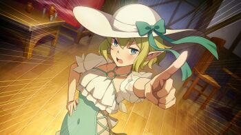 1girl anime_coloring blue_eyes bow breasts chair covered_navel cross-laced_slit cup danmachi_battle_chronicle dungeon_ni_deai_wo_motomeru_no_wa_machigatteiru_darou_ka elf frilled_one-piece_swimsuit frills game_cg green_bow green_hair green_one-piece_swimsuit hand_on_own_hip hand_up hat hat_bow highres indoors light_blush looking_at_viewer non-web_source official_alternate_costume official_art one-piece_swimsuit open_mouth pointing pointing_at_viewer pointy_ears ryu_lion short_hair small_breasts solo sun_hat swimsuit white_hat wooden_chair wooden_floor