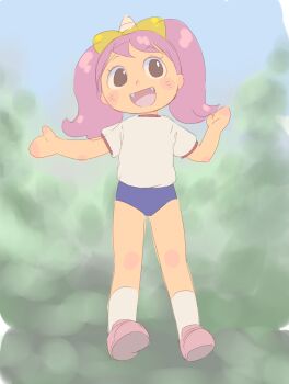 1girl black_eyes blue_buruma blush bow buruma demon_horns fangs flat_chest gym_uniform hair_bow highres horns loli long_hair looking_at_viewer okayama_prefecture oni open_mouth pink_hair pink_shoes shirt shoes short_sleeves single_horn sky smile socks standing tree twintails uracchi_(okayama_mascot) white_shirt white_socks yamanokonza yellow_bow